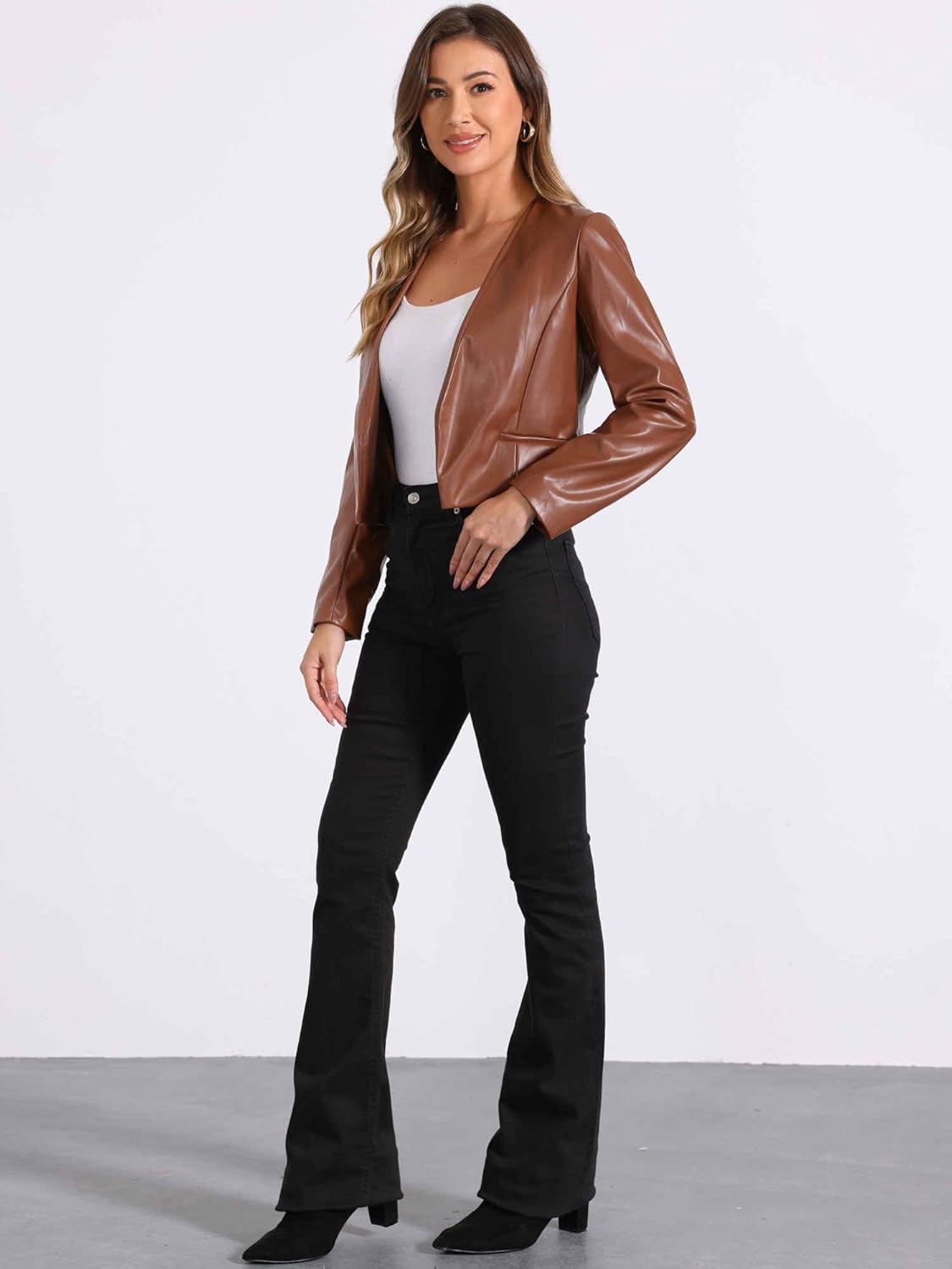Allegra K Faux Leather Jacket for Women's Collarless Open Front Crop PU Moto Biker Jackets - Image 4