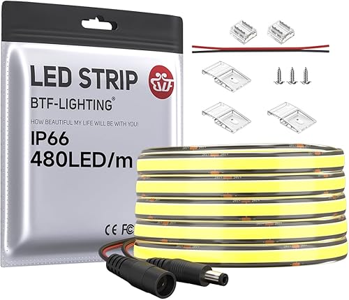 BTF-LIGHTING FCOB COB Tira LED Monocolor Flexible de Alta Densidad Blanco Natural 4000K DC24V 5M 480LEDs/M 9W/M 8mm Negr