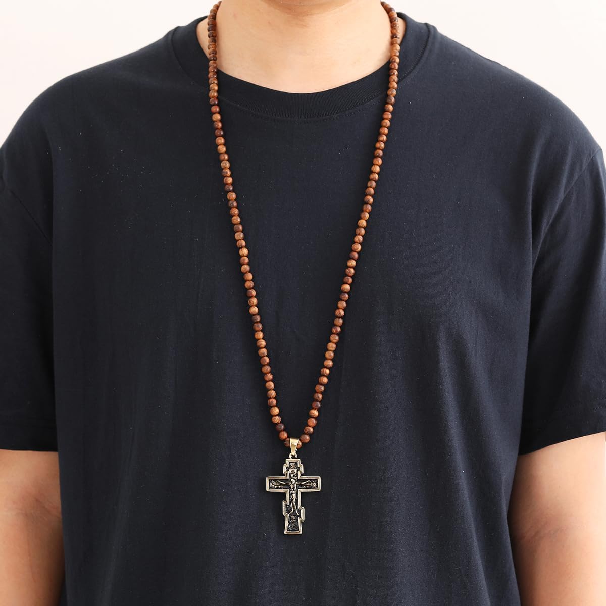 Jesus Crucifix Stretch Rosary Necklace,Wooden Beads Handmade Holy Mary Stainless Steel Cross Medal Amulet Christian Pendant for Men & Women - Image 6