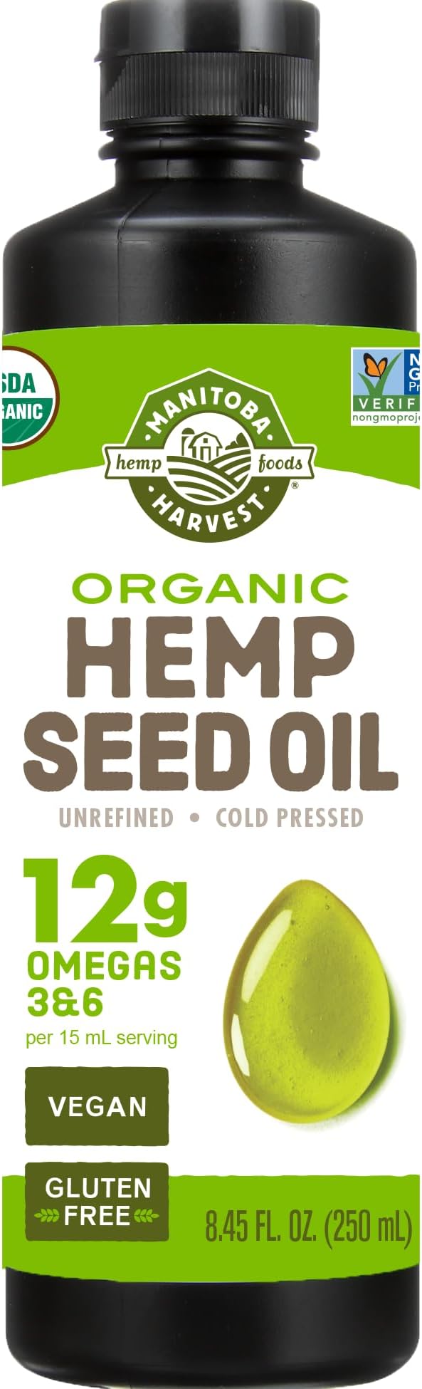 Organic Hemp Oil, Cold Pressed, 12g of Omegas 3&6 Per Serving, Non-GMO, 8.45 Fl Oz