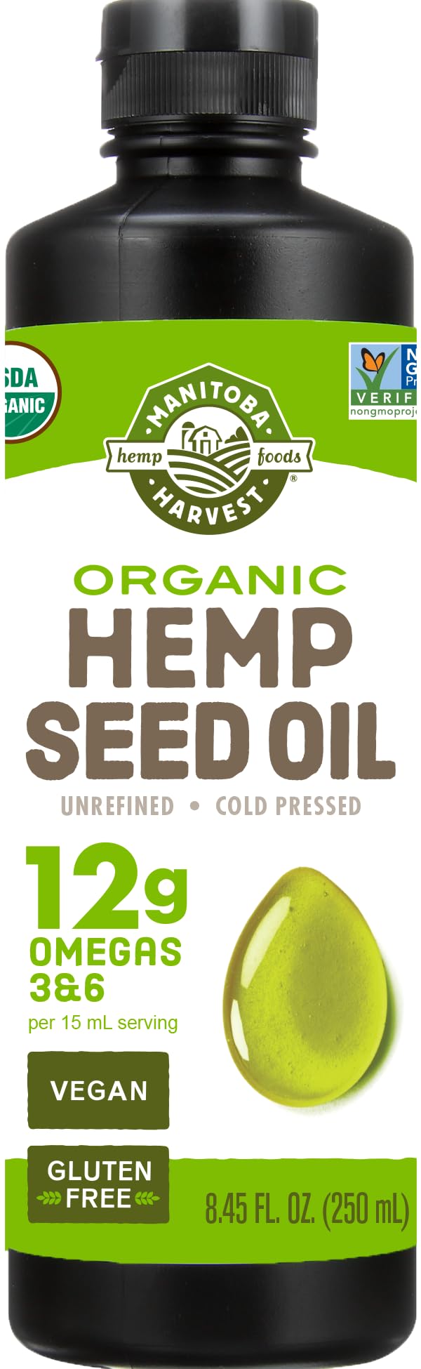 Manitoba Harvest Organic Hemp Oil, Cold Pressed, 12g of Omegas 3&6 Per Serving, Non-GMO, 8.45 Fl Oz