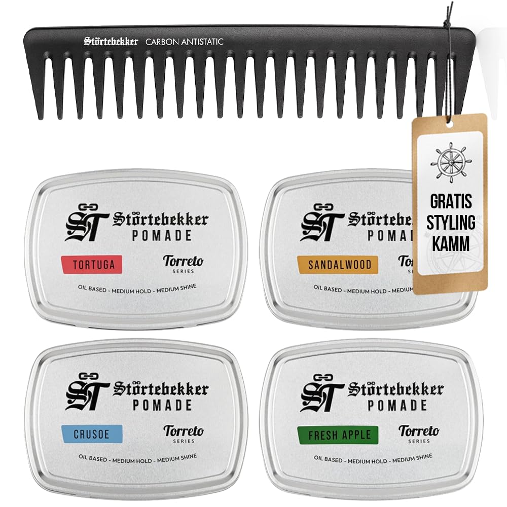 Störtebekker® Premium Pomade Ölbasiert Probierset + GRATIS Styling Kamm - 4 x Pomade Herren 'Torreto Series' - Mittlerer Halt - Mittlerer Glanz - Haarwachs 125ml - Haarpomade - Made in Germany