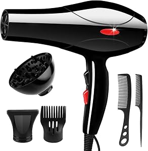 Hair Dryer, Diffuser Hairdryer for Curly or Straight Hair; 3 Heat and 2 Speed Settings, Comb, Concentrator, Fast Hairdryer for Women & Men
