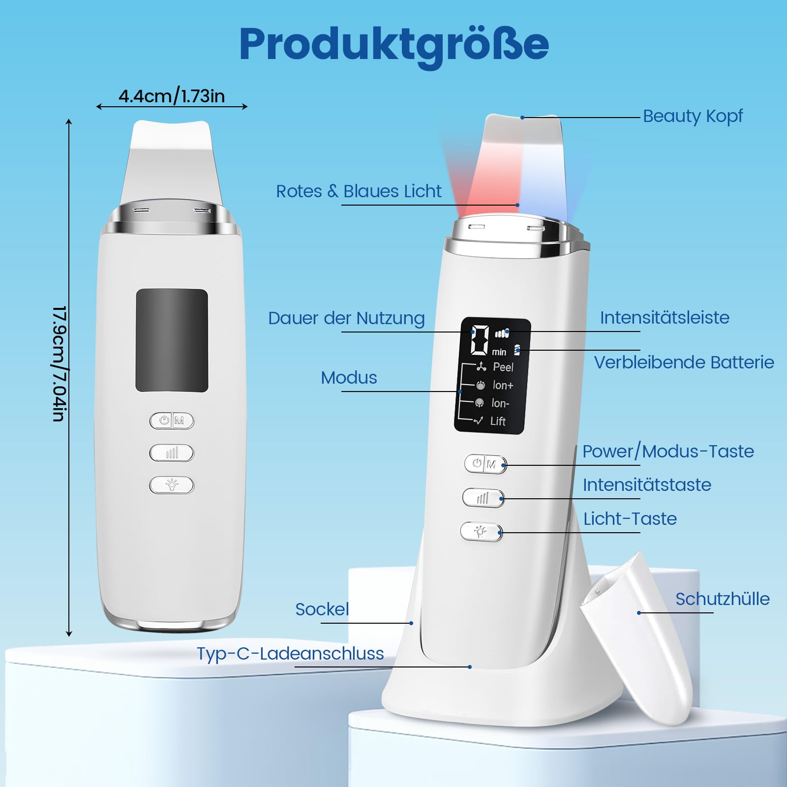 Skin Scrubber a ultrasuoni, pulitore per pori, elettrico con 4 modalità e luce rossa, luce blu, dispositivo ad ultrasuoni, dispositivo ad ultrasuoni per la pulizia del viso (bianco)