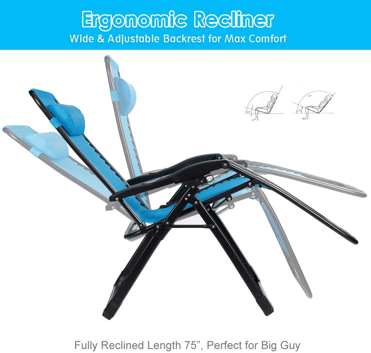 S AFSTAR Zero Gravity Chair, Oversized Outdoor Lounge Chair with Cup Holder & Detachable Pillow, Folding Patio Recliner, Zero Gravity Lawn Chair for Poolside Backyard Beach, Support 500 Lbs (Blue)