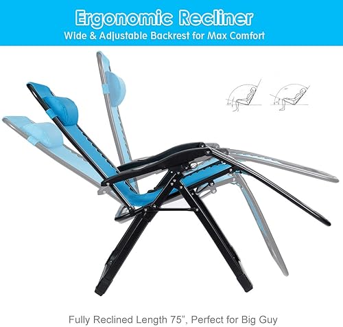 Miniatura 4 de S AFSTAR Silla de gravedad cero, silla de descanso de gran tamaño para exteriores con soporte para tazas y almohada desmontable, reclinable plegable