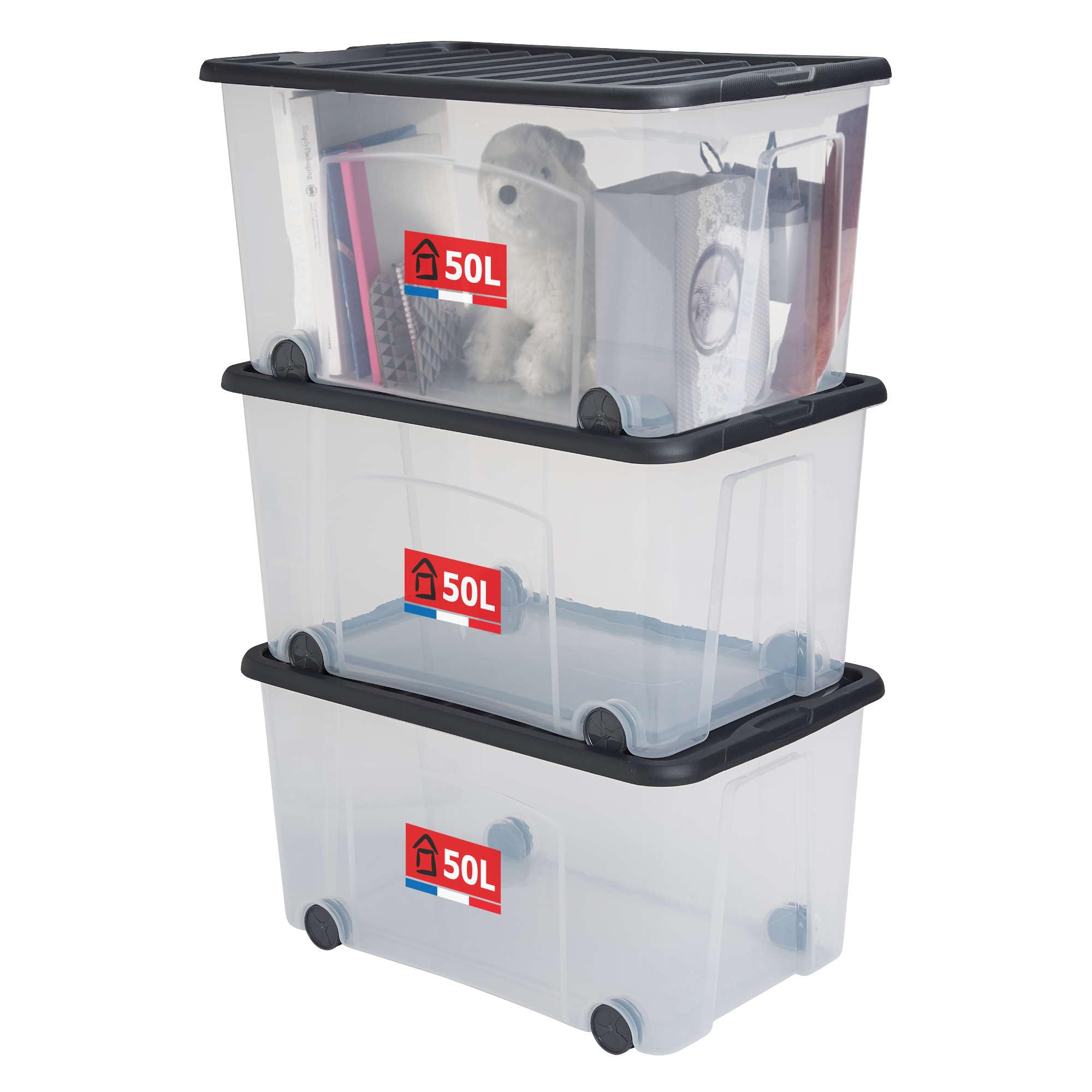 Opbergdoos met deksel, groot, 3-delige set, 30 l, 49 x 39 x 26 cm