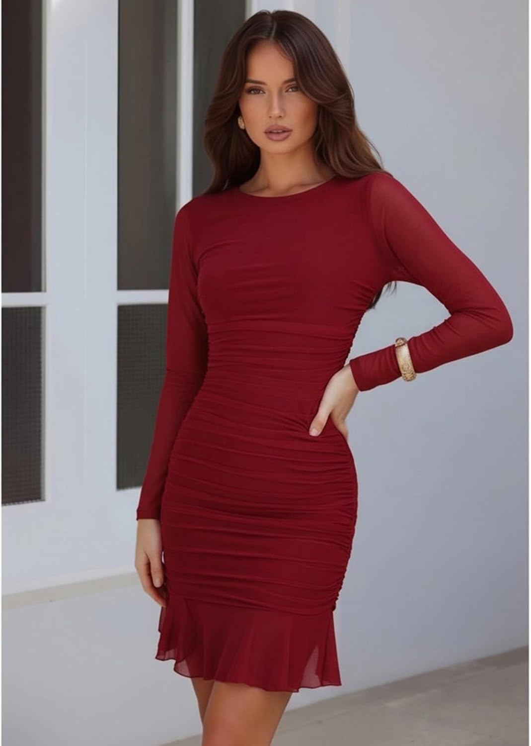 firfig Women's Sexy Ruched Bodycon Mini Dress Mesh Long Sleeve Ruffle Hem Club Cocktail Party Short Dresses - Image 2