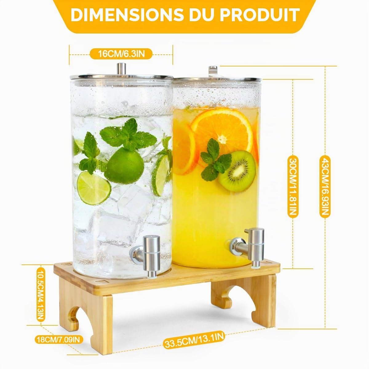 2 x 6 L Distributeur de boissons avec support, distributeur de boisson en verre avec robinet en acier inoxydable massif pour jus glacés, eau, boissons maison, fêtes, mariages