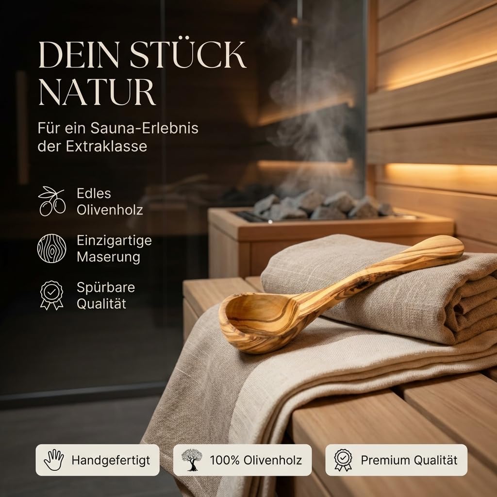 Saunakelle aus Olivenholz mit Gravur - Personalisierbare Aufgusskelle langlebig & hitzebeständig - Sauna Zubehör Saunalöffel Geschenkidee (Mit Gravur, 30 cm)
