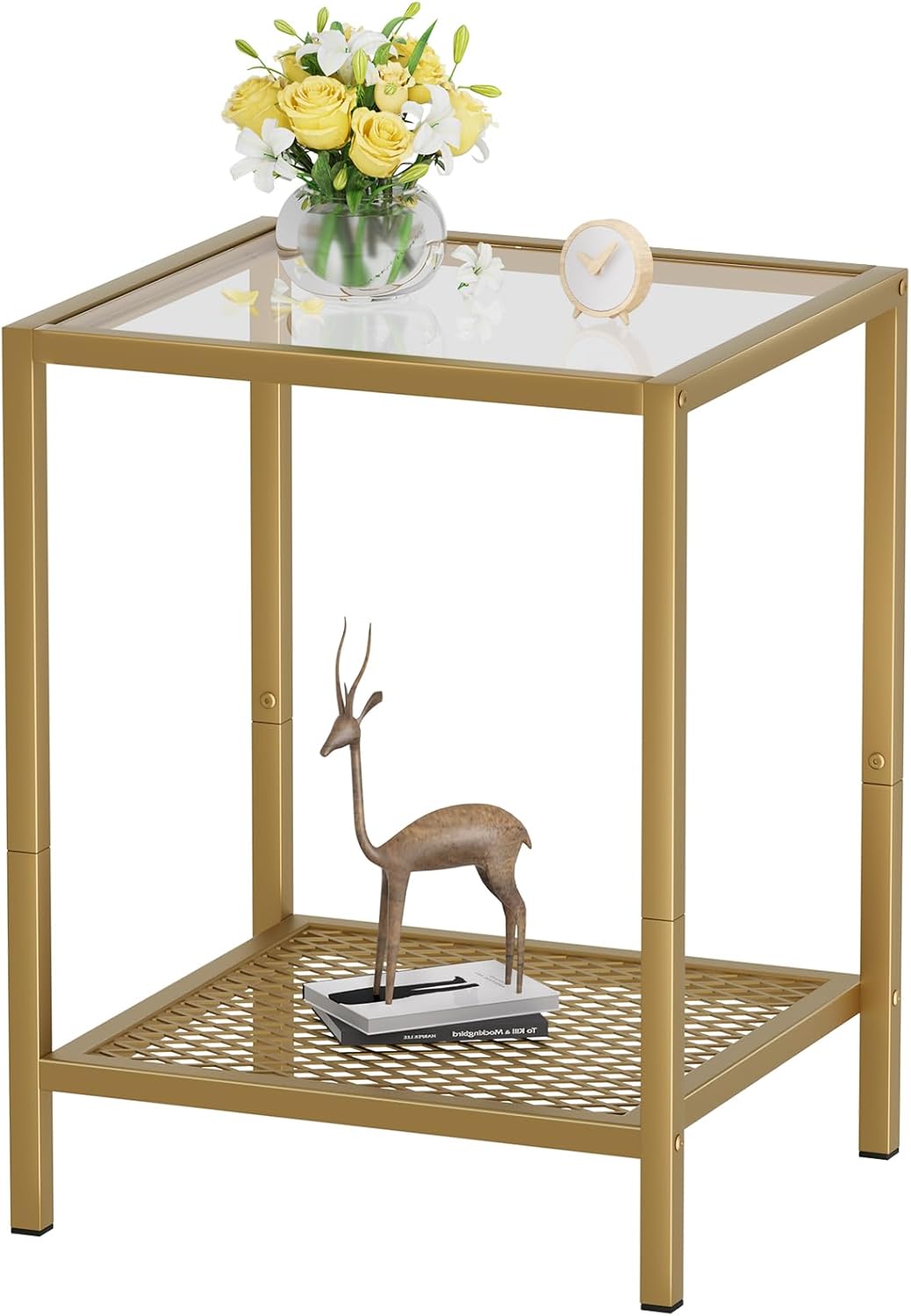 SAYGOER Glass Side Table Small Gold End Table for Narrow Space 2-Tier Square Nightstand with Storage,13.3" x 11.8" x 19.7",Modern Bed Side Table with Metal Frame for Bedroom Living Room, Easy Assembly