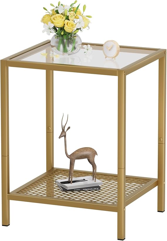 SAYGOER Glass Side Table Small Gold End Table for Narrow Space 2-Tier Square Nightstand with Storage,13.3 x 11.8 x 19.7,Modern Bed Side Table with Metal Frame for Bedroom Living Room, Easy Assembly