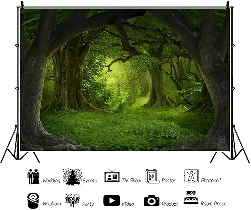 Miniatura 3 de Leowefowa Fondo de vinilo de 7 x 5 pies para fotografía de bosque verde de cuento de hadas, bosque viejo, césped, campo, selva, bosque, decoración