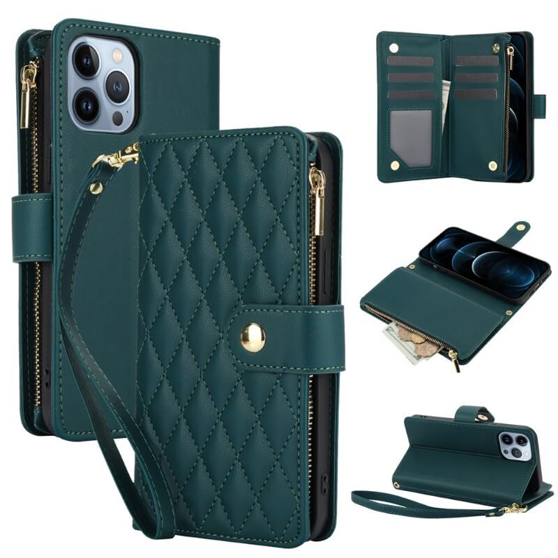 Étui portefeuille pour Google Pixel 8A en cuir vert foncé avec fermeture éclair