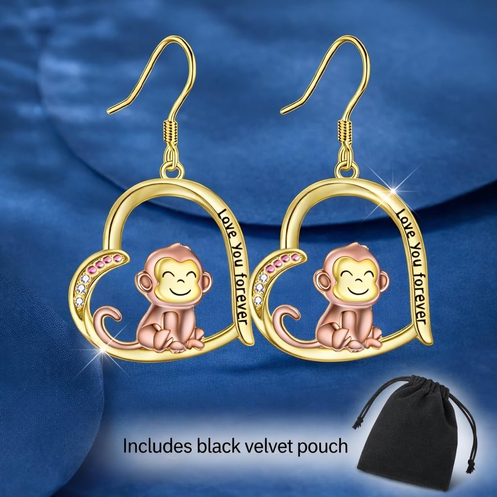 Heart-Shaped Animal Dangle Earrings, Monkey and Koala, Stainless Steel with Rhinestones, Banana Charm, Birthday or Party Gift