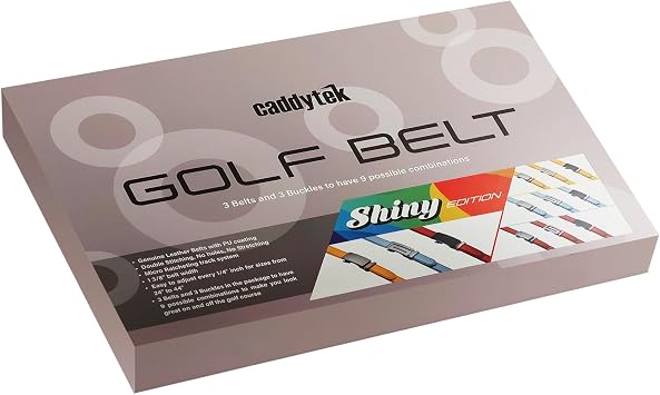 CaddyTek Golf Belt for Men Shiny Edition, Genuine Leather No-Hole Ratchet Belt Set with Micro-Adjust Track, 3 Belts & 3 Buckles, Mens Golf Accessories