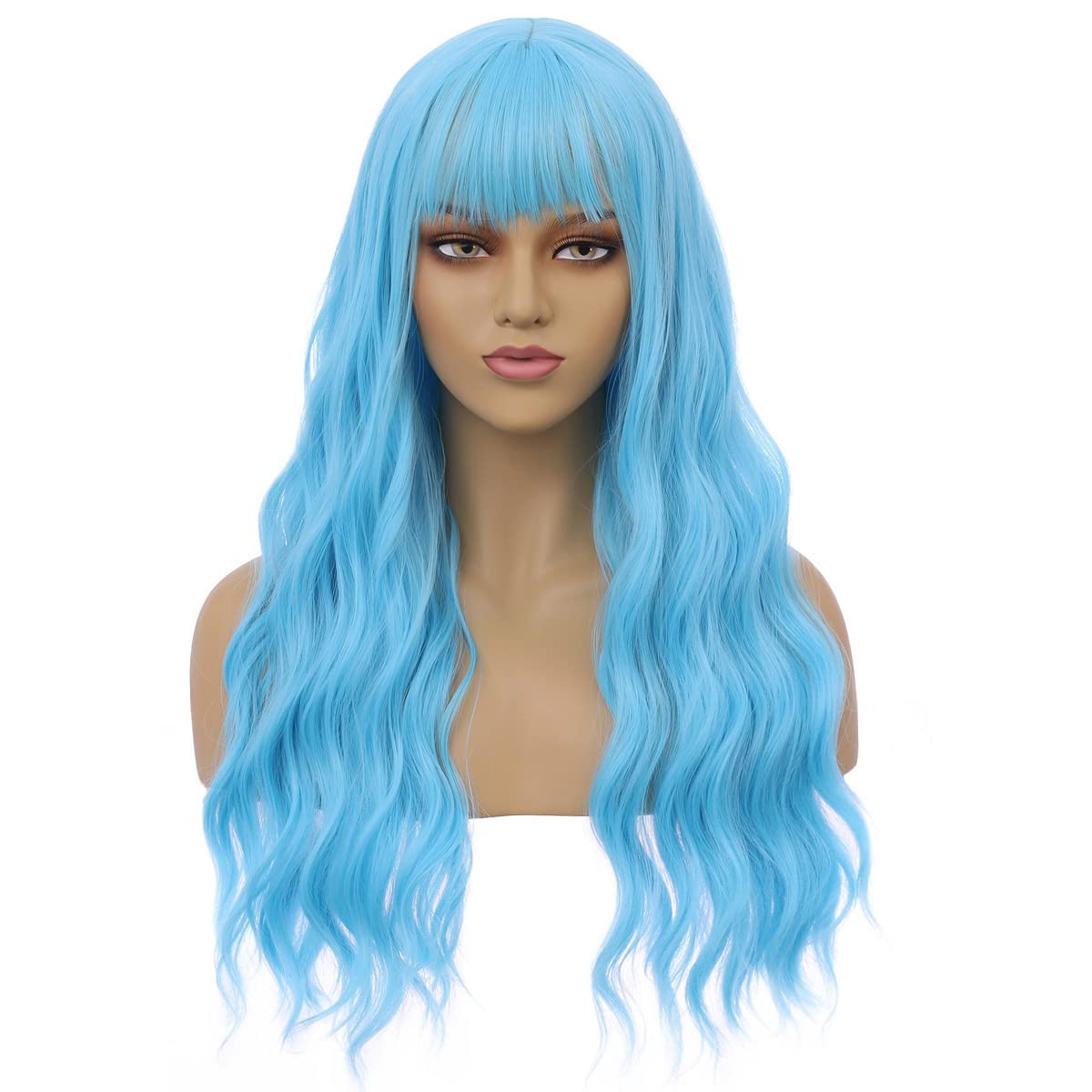 BERON 26 Inches Blue Wig Long Curly Blue Wig with Bangs Sky Blue Wigs for Women Daily Party Hairnet Include