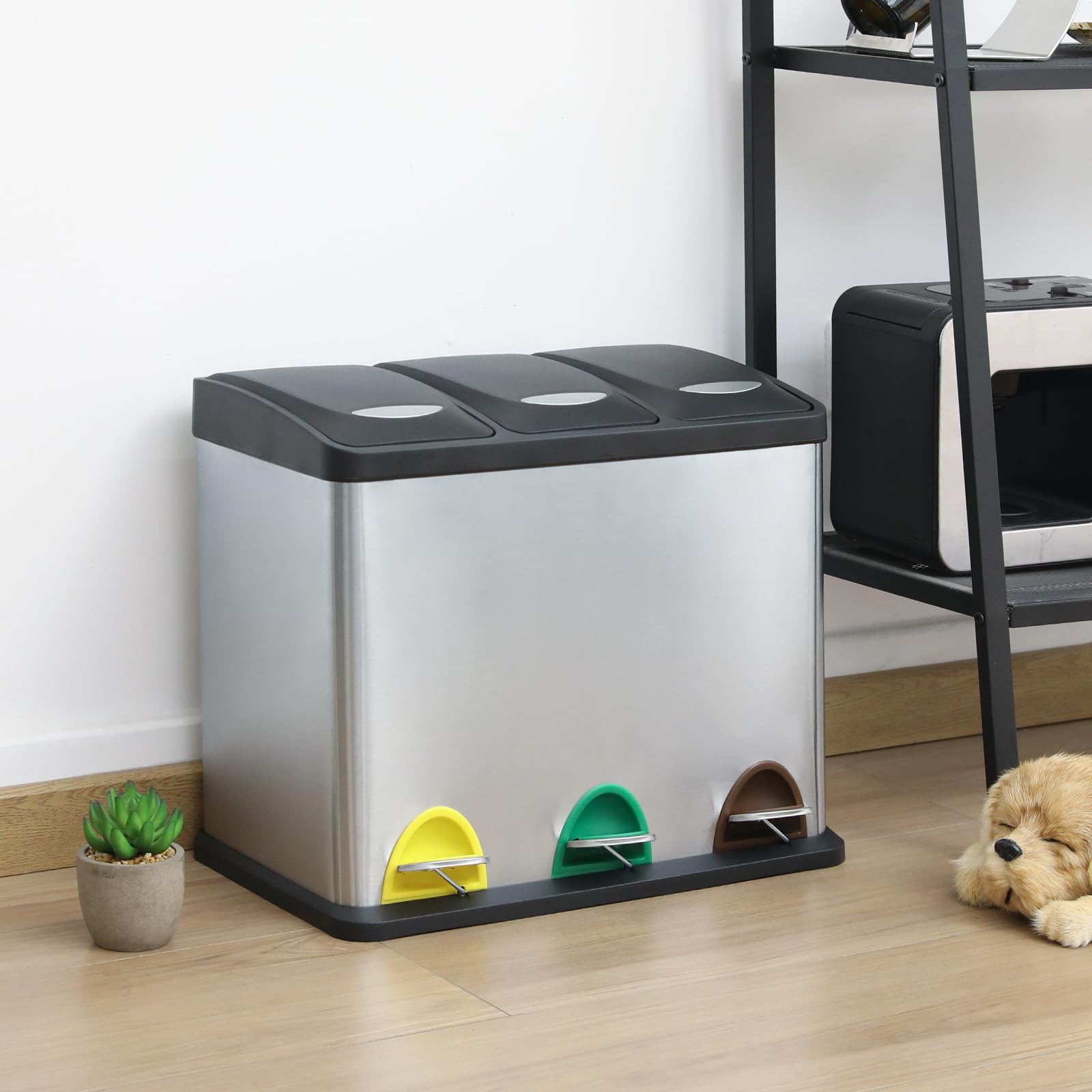 LIFERUN Pattumiera a 3 scomparti, 3 x 8 l, sistema di raccolta differenziata della spazzatura da 24 litri, piccola pattumiera a pedale in acciaio inox con coperchio, 3 secchi interni rimovibili
