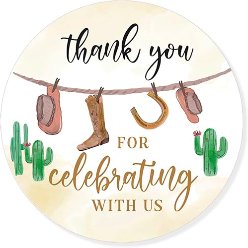 Calcomanías de vaquero para baby shower de 2.4 pulgadas, con texto en inglés "Thank You for Celebrating with Us", calcomanías de agradecimiento para
