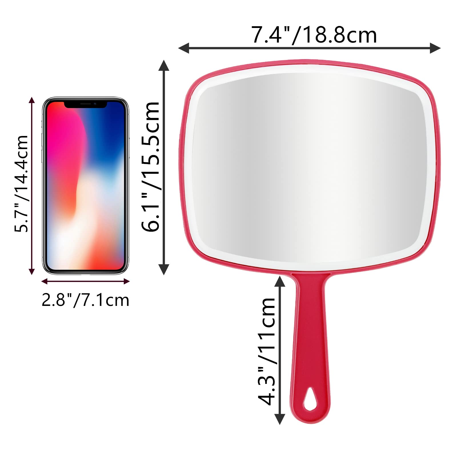 DVHOK 2Pcs Handheld Mirror, Portable Hand Mirror with Hanging Hole in Handle, Red 26.4L x 18.8W cm, 2 Pcs - 26.4L x 18.8W cm - Image 2