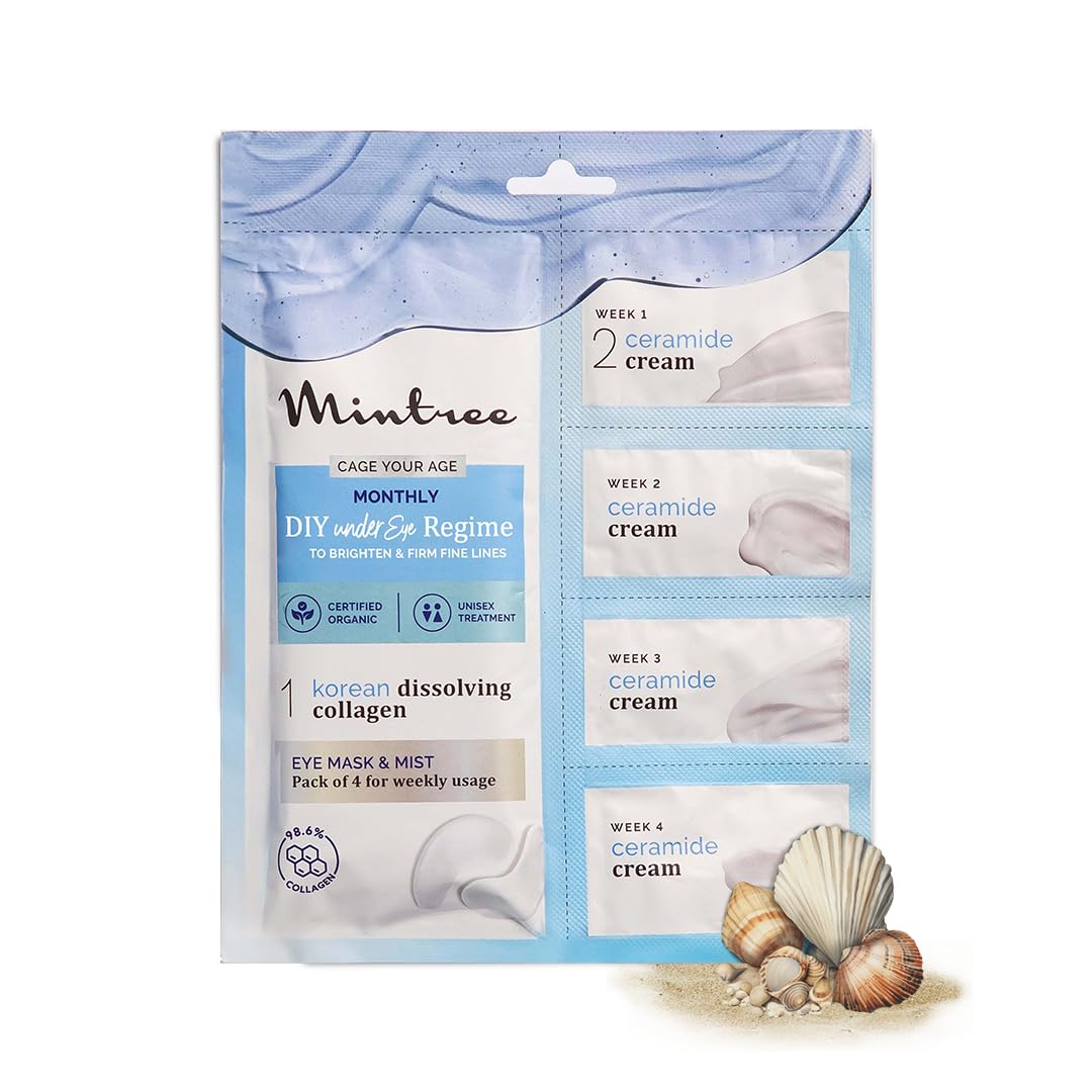 Mintree Certified Organic & Vegan DIY Collagen Eye Mask. Pack lasts 4 Weeks. Reduces Fine lines & Depuffs Under Eyes. Infused with Niacinamide & Alpha Arbutin. Includes Ceramide