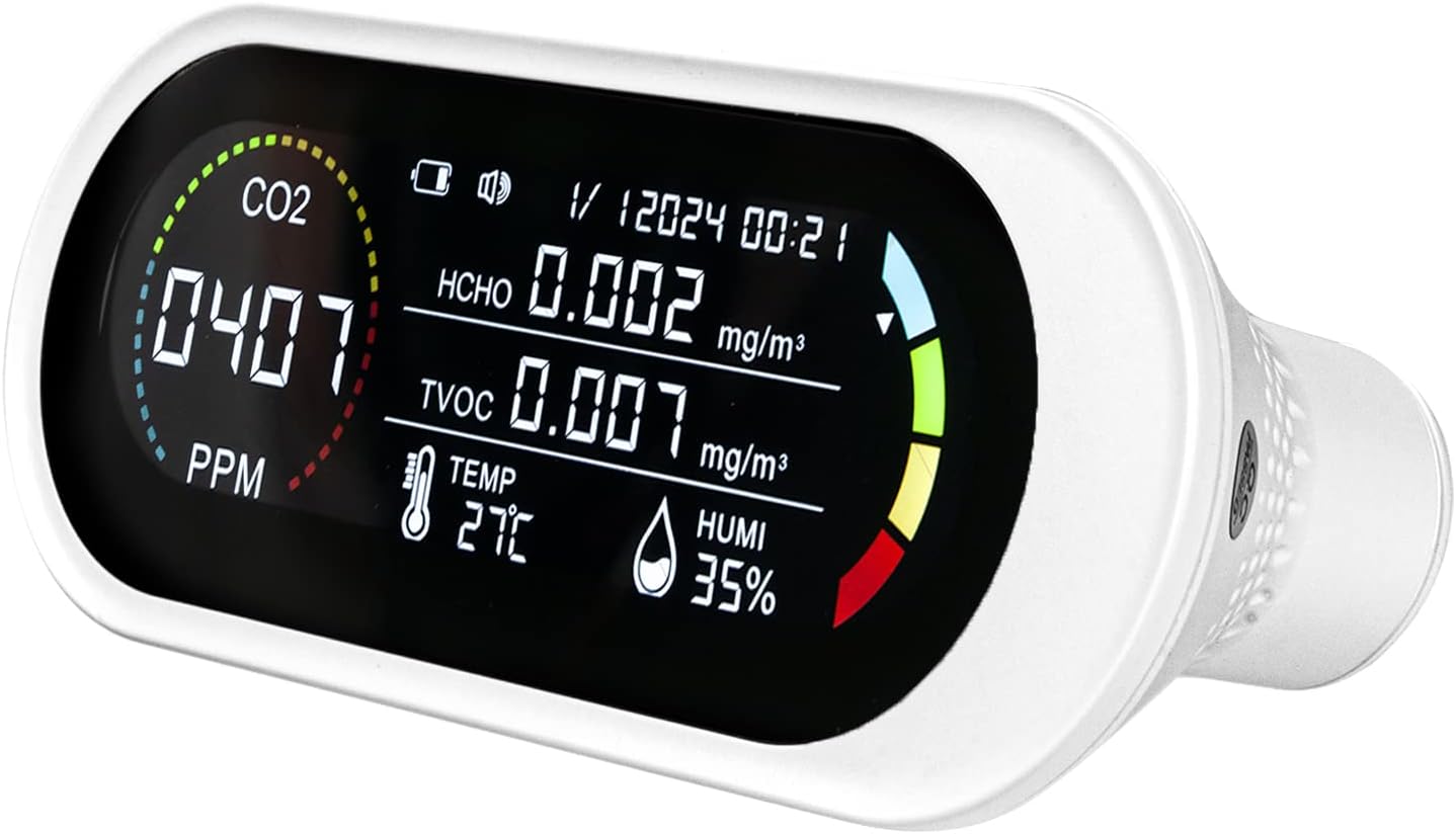 Air Quality Monitor Indoor, Portable CO2, Formaldehyde, Air Pollution Monitor, Temperature, Humidity Detector with Audible and Visual Alarm for Home, Office and School, Real Time Test, Battery Powered