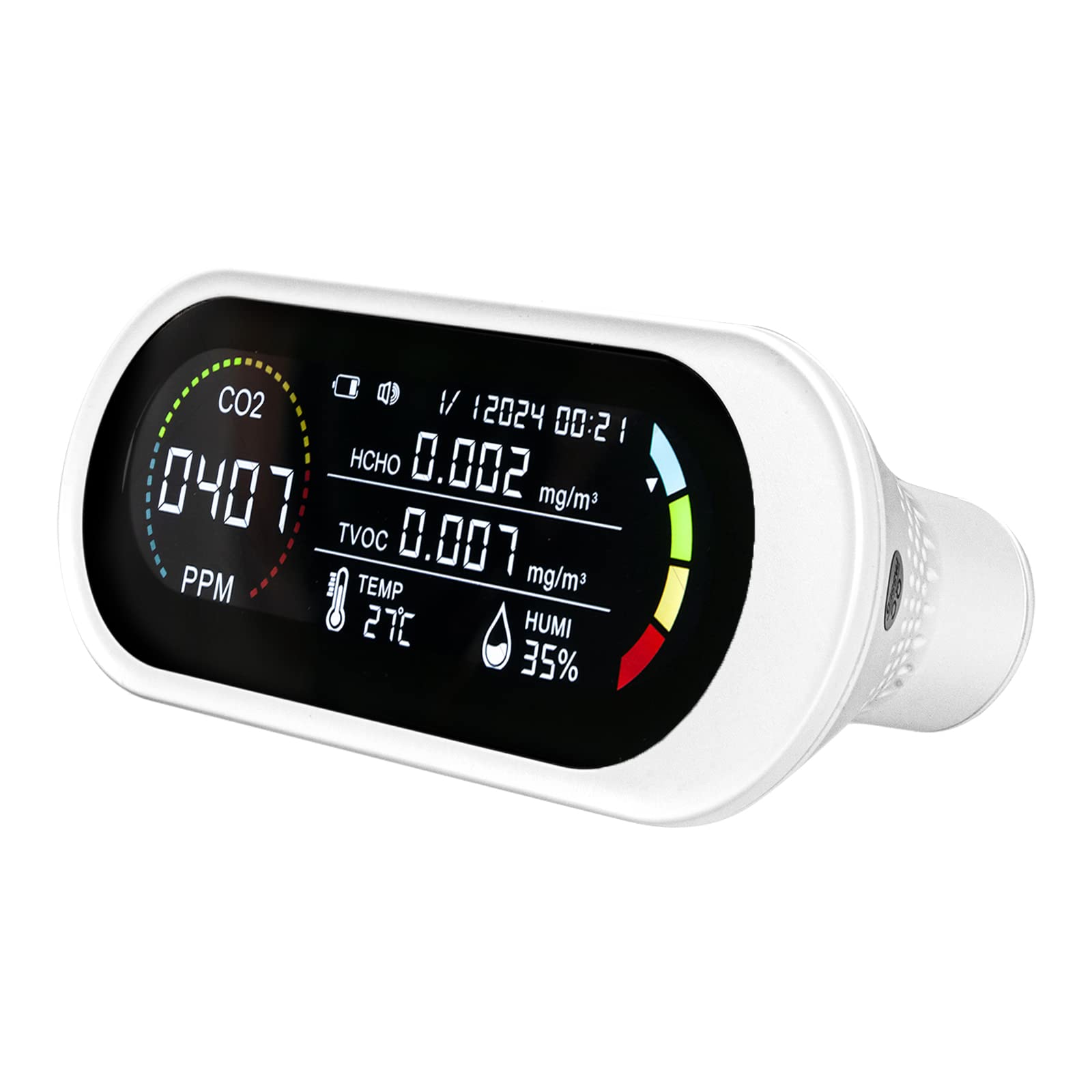 Air Quality Monitor Indoor, Portable CO2, Formaldehyde, Air Pollution Monitor, Temperature, Humidity Detector with Audible and Visual Alarm for Home, Office and School, Real Time Test, Battery Powered