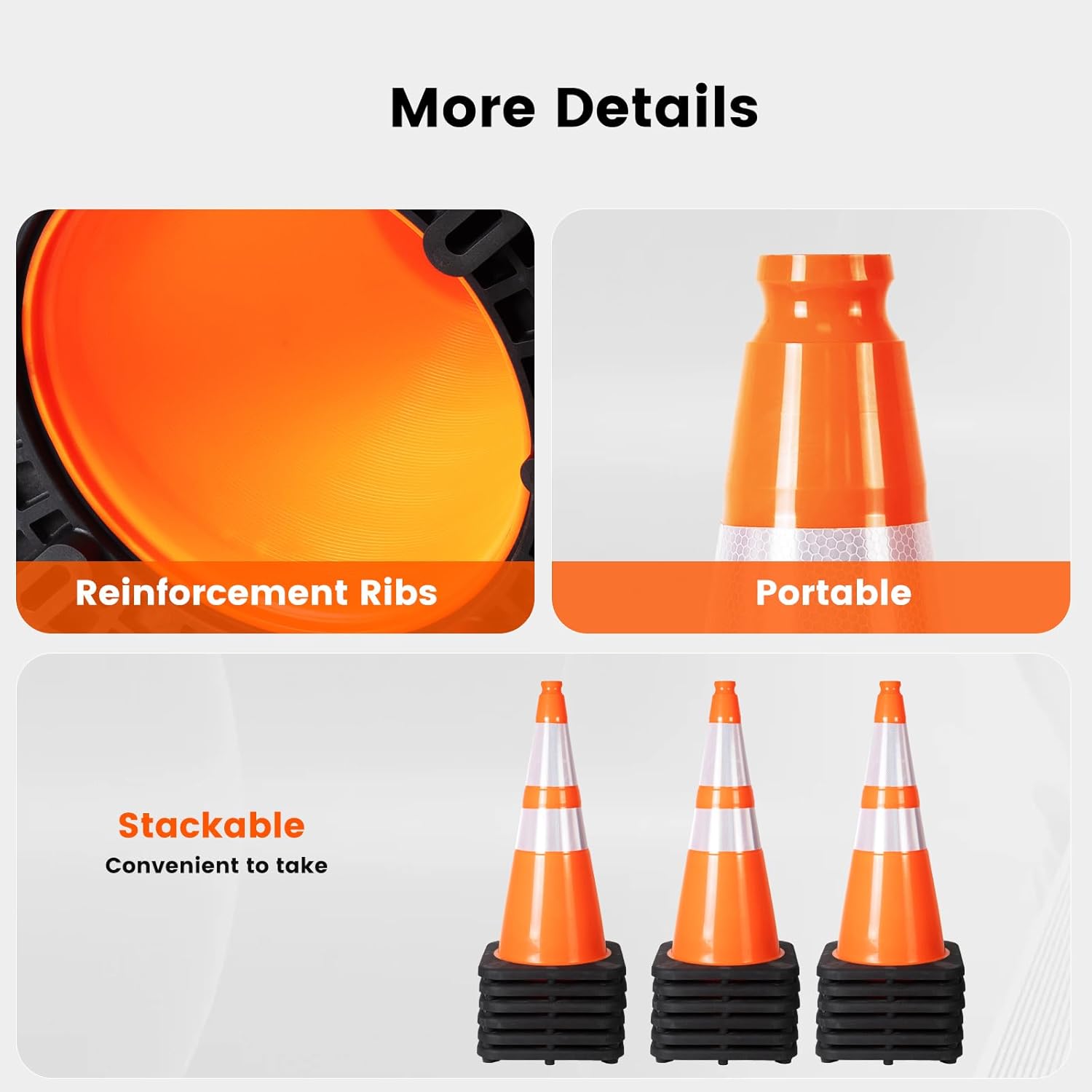 6 Pack 28" Cold Resistant Traffic Cones, 7 lb Heavy Duty PVC Cone with Reflective Tape 6''+4''