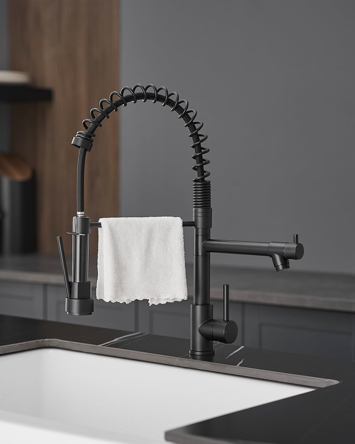 FLG Black Kitchen Faucet with Pull Down Sprayer,High Pressure Double Spout Brushed Nickel Kitchen Sink Faucet,Single Handle Stainless Steel Spring Commercial Kitchen Faucets