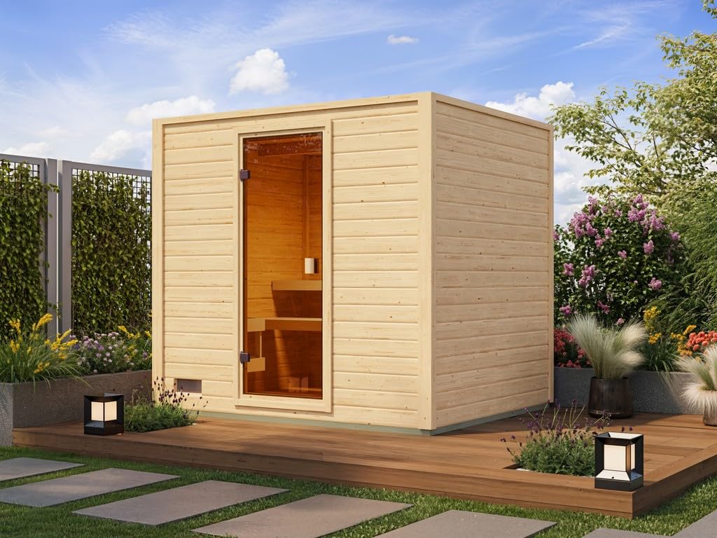 Karibu Gartensauna 230,8x189,9x219,5cm│Garten Sauna aus Fichte 38mm│mit bronzierter Glastür & 2 Liegen│Fronteinstieg│Massivholz│9kW Saunaofen mit EXT. Steuerung│für 2–4 Personen + Boden