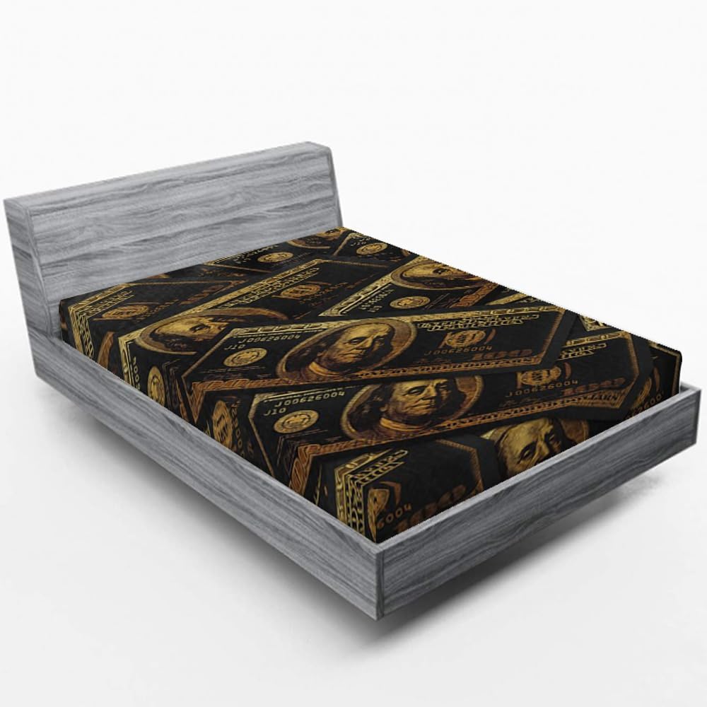 Black Money Fitted Sheet,100 Dollar Bills Print Mattress Cover Bed Sheet Cool Mens Boys Teens Bed Cover with All-Round Elastic Deep Pocket for Comfort King Size Soft Microfiber 76"x79.9"
