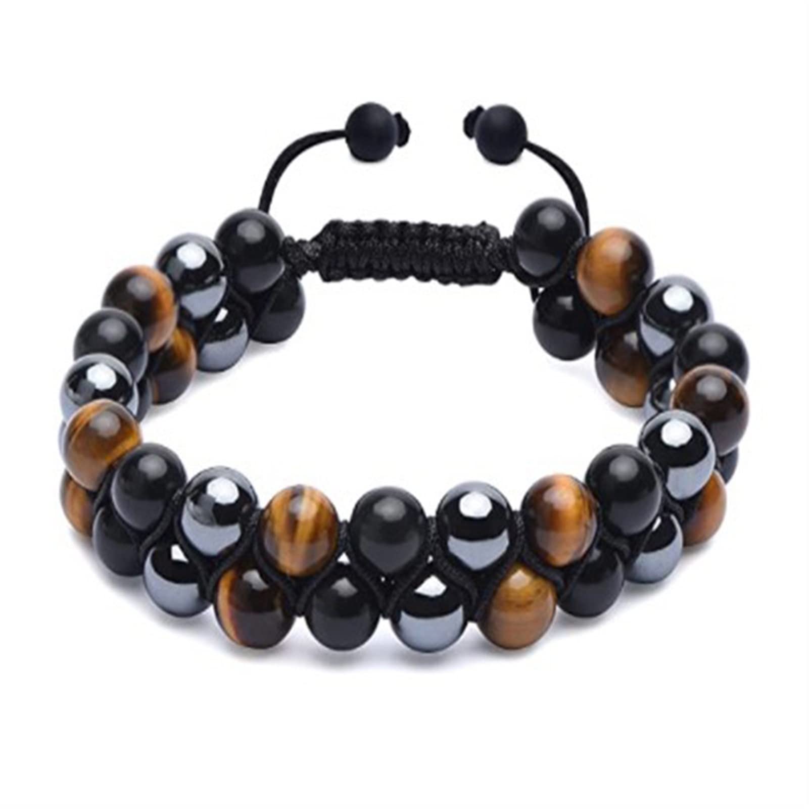 SMDSAZ 8mm Treatment Crystal Tiger Eye Black Obsidian Hematite Stone Beads Good Luck Triple Protection Bracelet Men