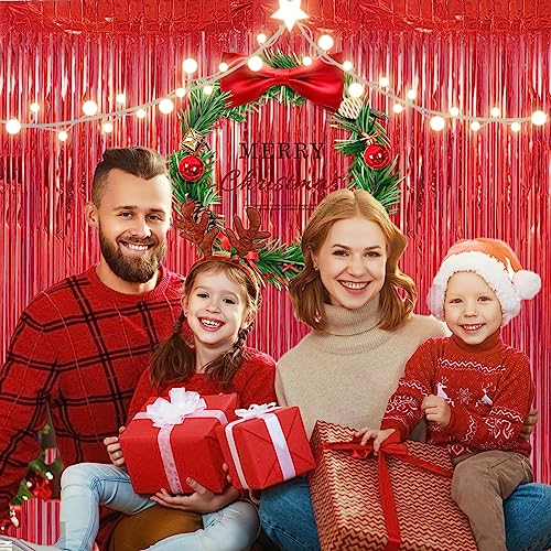 Image of 2 Pack 3.28 ft x 6.56 ft Red Tinsel Curtain Party Backdrop - Metallic Foil Tinsel Fringe Backdrop Door Fringe for Halloween, Christmas, Birthday Graduat
