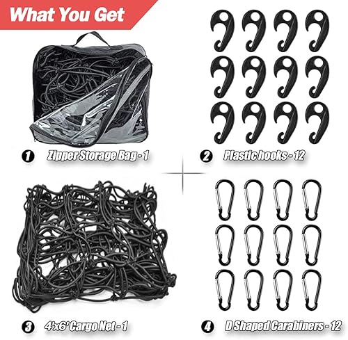 Miniatura 2 de Red de carga súper resistente con núcleo de látex natural para camioneta de 4 x 6 pies, se estira hasta 8 x 12 pies  12 mosquetones + 12 ganchos