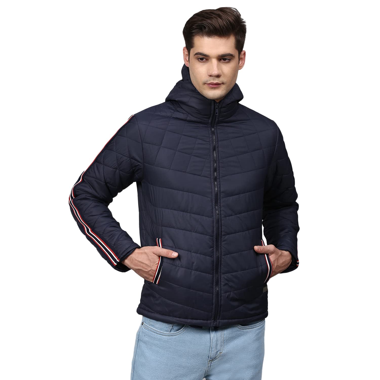 Campus SutraMen Polyester Navy Blue Solid Windcheater Standard Length Padded Jacket With Side Stripes