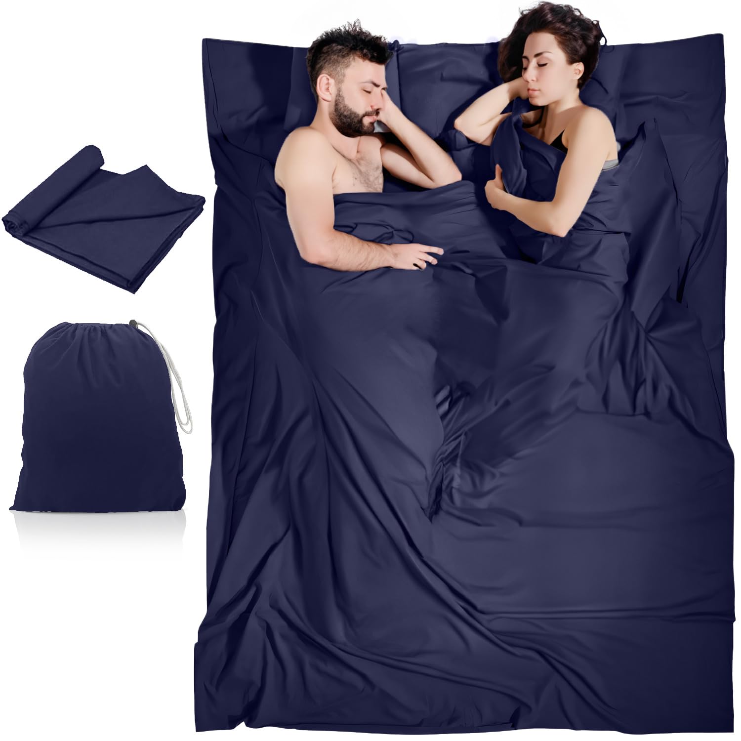 Drap de Sac de Couchage Double Avec Compartiment pour Oreiller, Microfibres Ultraléger, Séchage Rapide, Compact de Voyage 220 * 180CM, Bleu