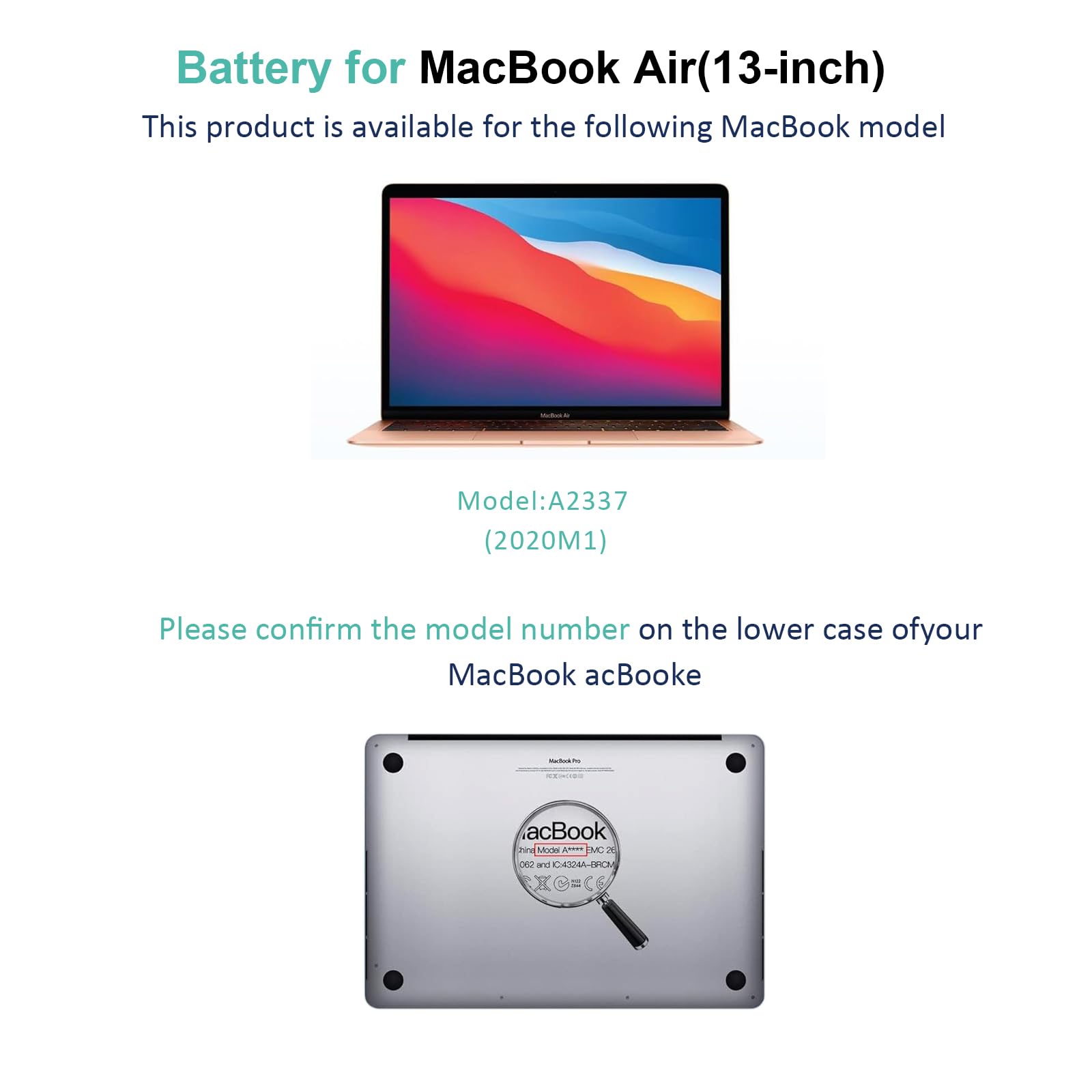 A2337 A2389 Batterie de rechange pour ordinateur portable MacBook Air 13" (M1, 2020) EMC 3598 MGN53LL/A MGN83LL/A MGN63LL/A MGN93LL/A MGND3LL/A MGN73LL/A MGNE3LL/A MVH22LL/A 11,39 V 49.9 Wh