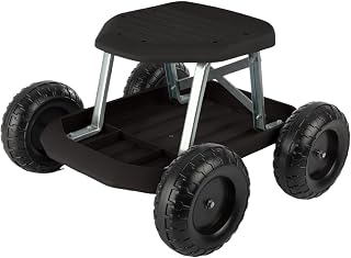 Black Portable Weather‑Resistant Rolling Gardening Stool, Ergonomic Garden Scooter Seat with Under‑Seat Tool Tray, Stainless Steel & Plastic Construction for Yard Planting Indoor Outdoor Work
