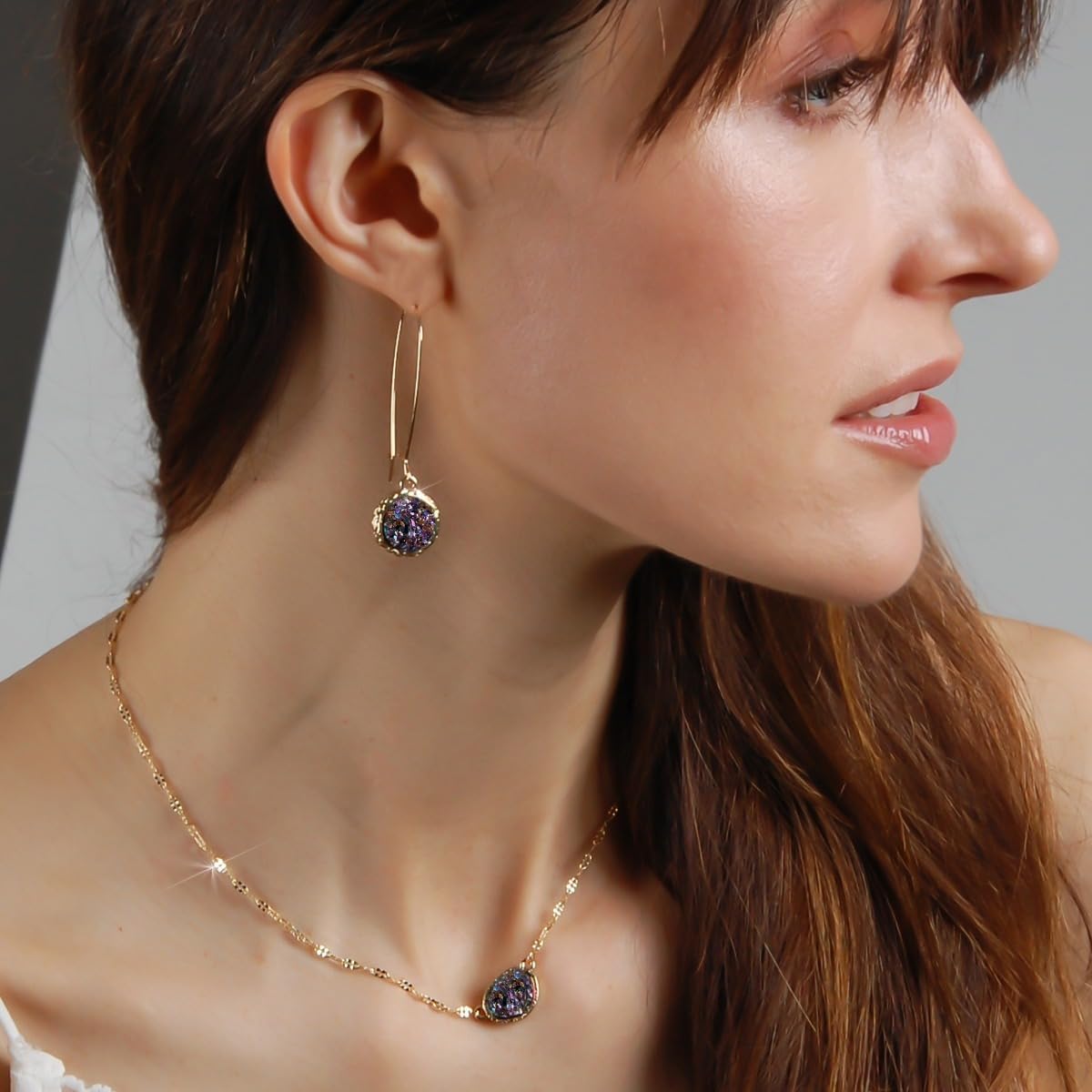 Simulated Druzy Threader Drop Earrings for Women - Gold, Silver, or Rose Gold Tone Trendy Boho Dangles with Sparkly Round Stone - Image 2