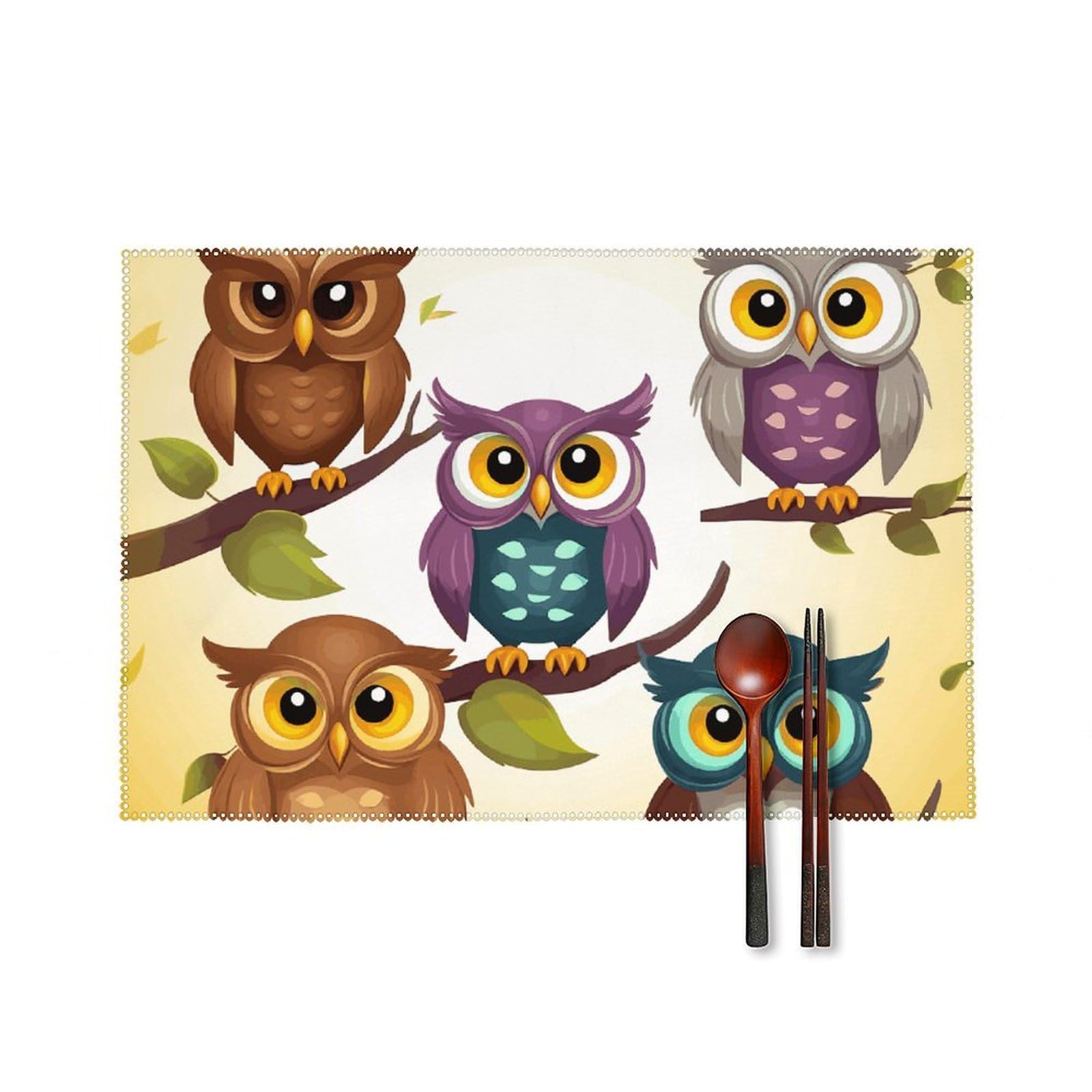 Owls Birds Placemats Set of 6, 12x18 Inch Heat Resistant Washable Canvas Table Mats, Stain Resistant Decorative Dining Placemats for Kitchen, Restaurant, Outdoor Party