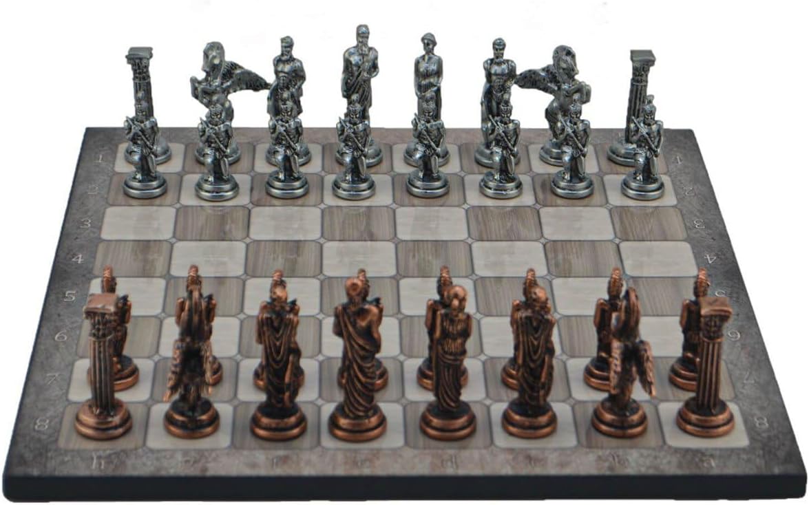 Metal Chess Sets for Adult Medium Mythologic Pegasus Antique Copper Figures,Handmade Pieces and Different Design Wooden Chess Board (Platin Oak)