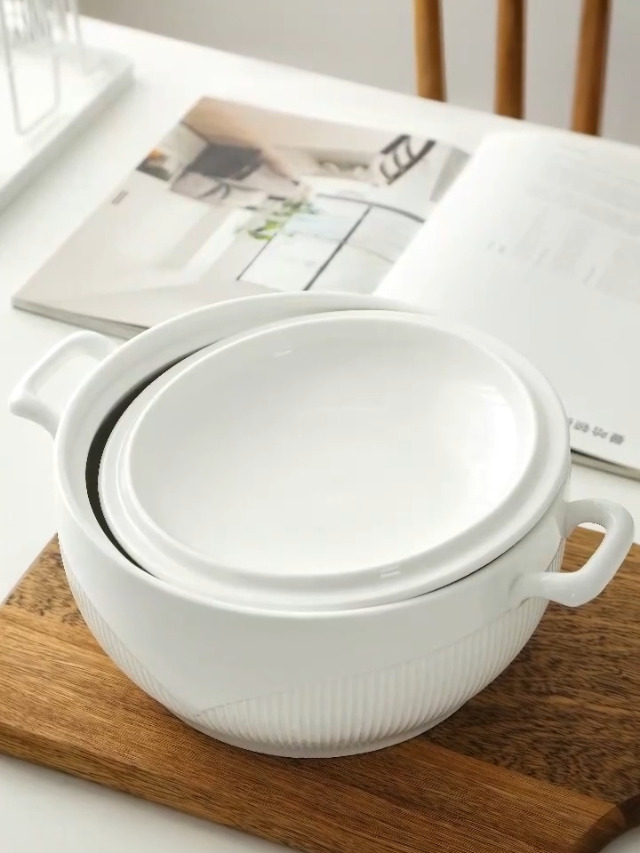 Zuppiera In Ceramica 2000ml Con Coperchio E Cucchiaio - Stile Giapponese, Per Forno E Microonde, Bianca - Foto 3