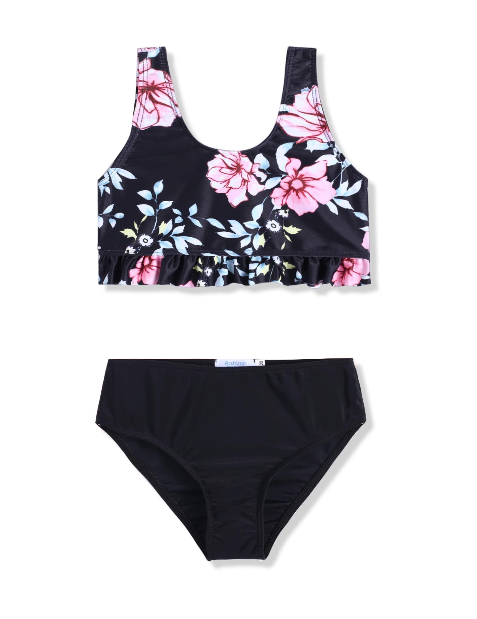Arshiner Mädchen Bikini Set Rüschen Bustier Bikinislip Kinder Tankini Zweiteiliges Badeanzüge Sommer Blumendruck Strand Surf Bademode 5-14 Jahre