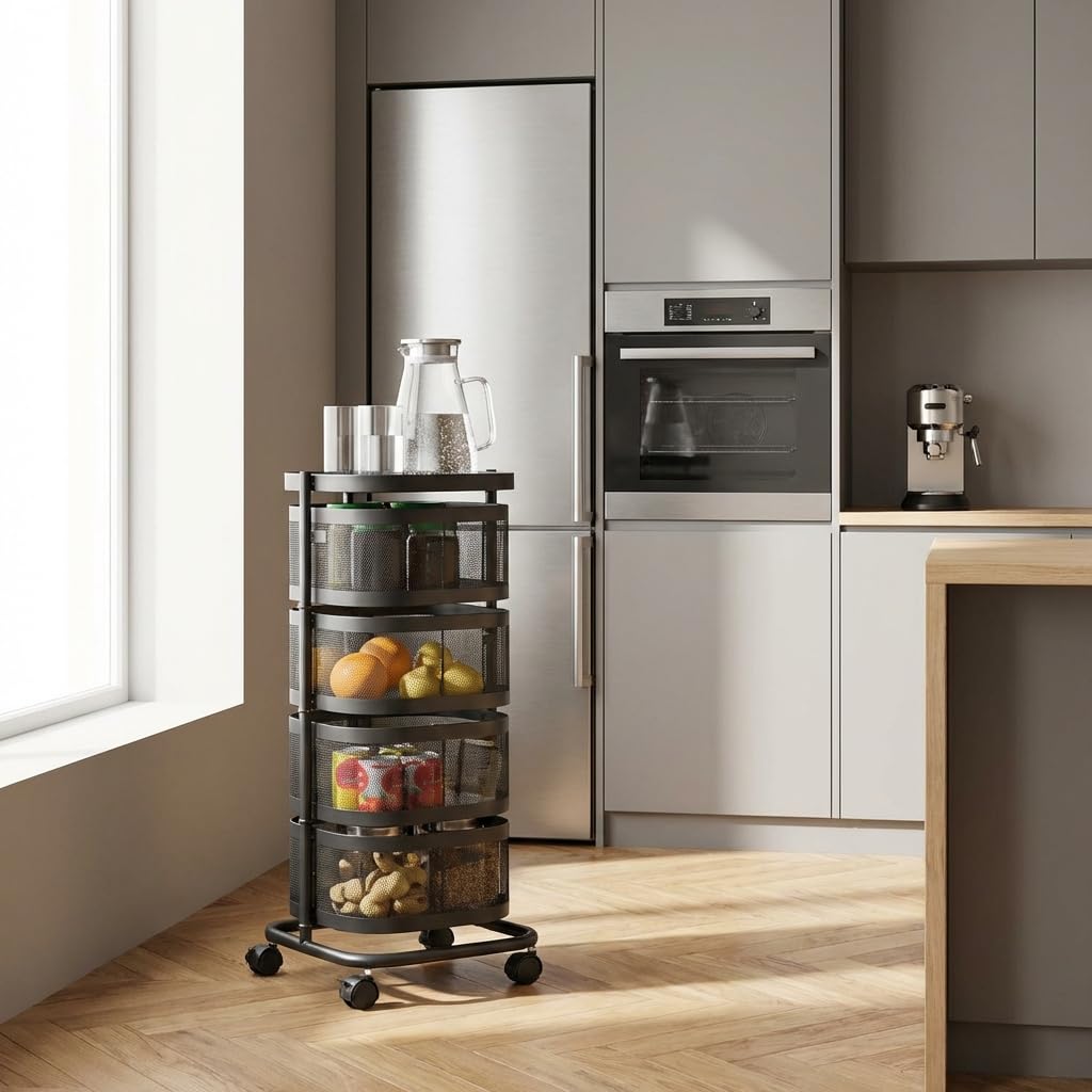 Carrello Cucina Portafrutta, Multiuso, in Acciaio e Plastica, 33x33x77 cm, Nero