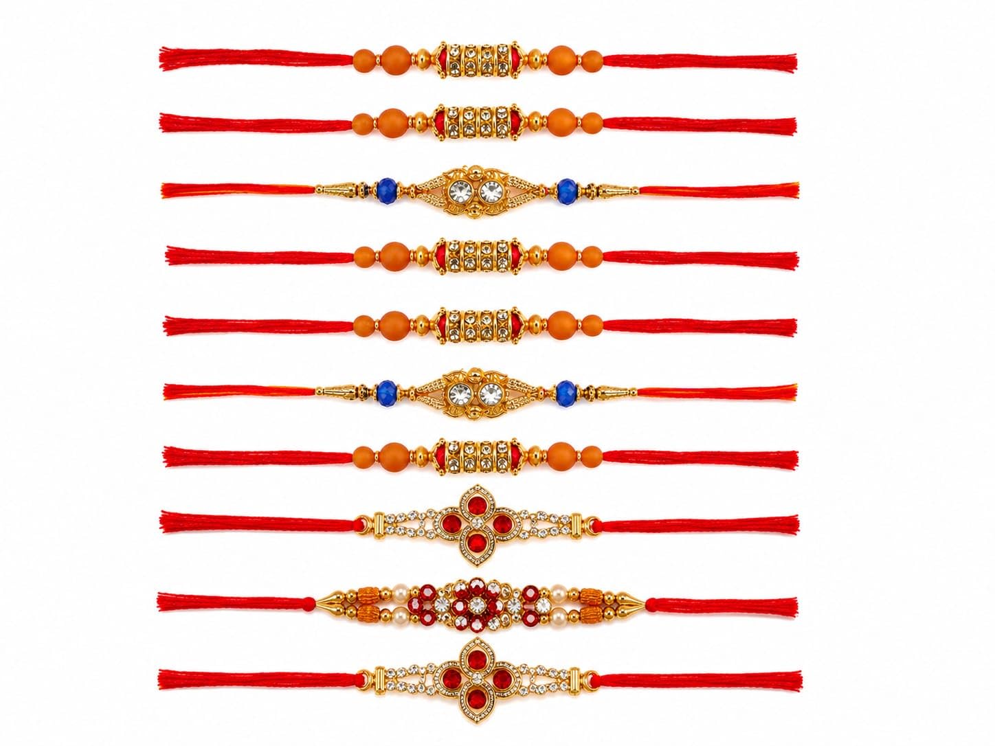Designer Rakhi Combo Pack for Brother | Traditional Multicolor Stone & Bead Studded Rakshabandhan Wrist Bands with Red Threads | Ethnic Festival Gift Set (Set of 10)-image-49