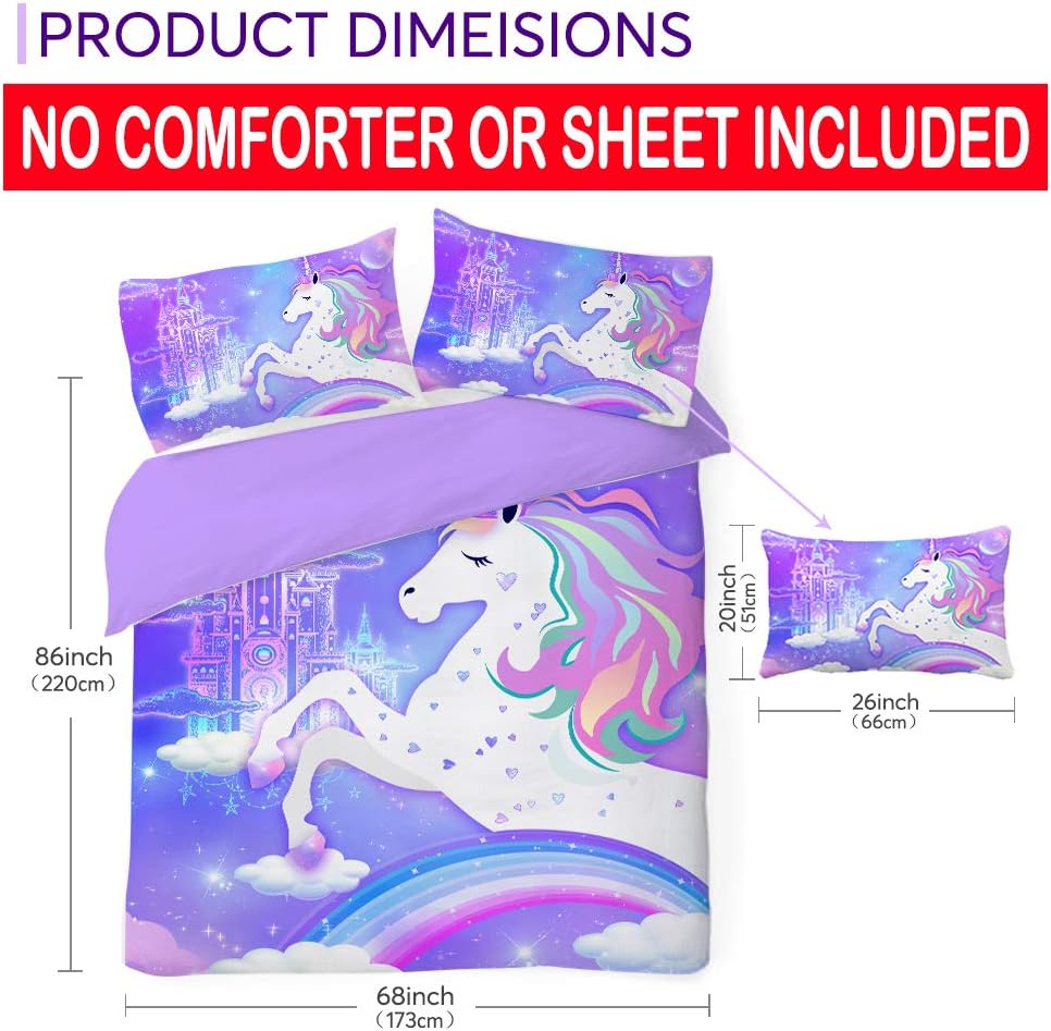 Bonsai Tree Unicorn Duvet Cover, Rainbow Twin Comforter Sets 3 Piece, 3D Girls Microfiber Bed Set with Zipper Closure, Purple Soft Bedding Set Gifts for Kids (1 Duvet Cover+2 Pillow Shams), 68”x86”