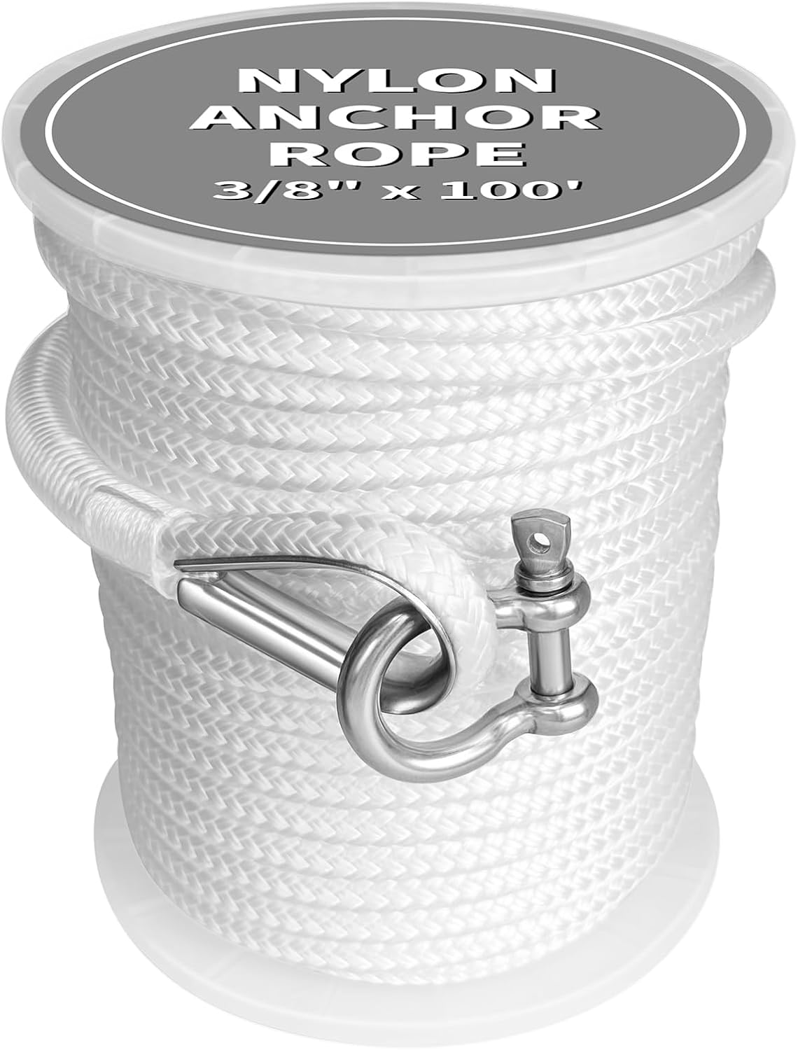 Premium Marine-Grade Boat Anchor Rope - 3/8" x 100' Strength-Tested Double Braided Nylon Line with Corrosion-Resistant Stainless Steel Thimble & Shackle | Heavy-Duty Anchoring Rope (White)