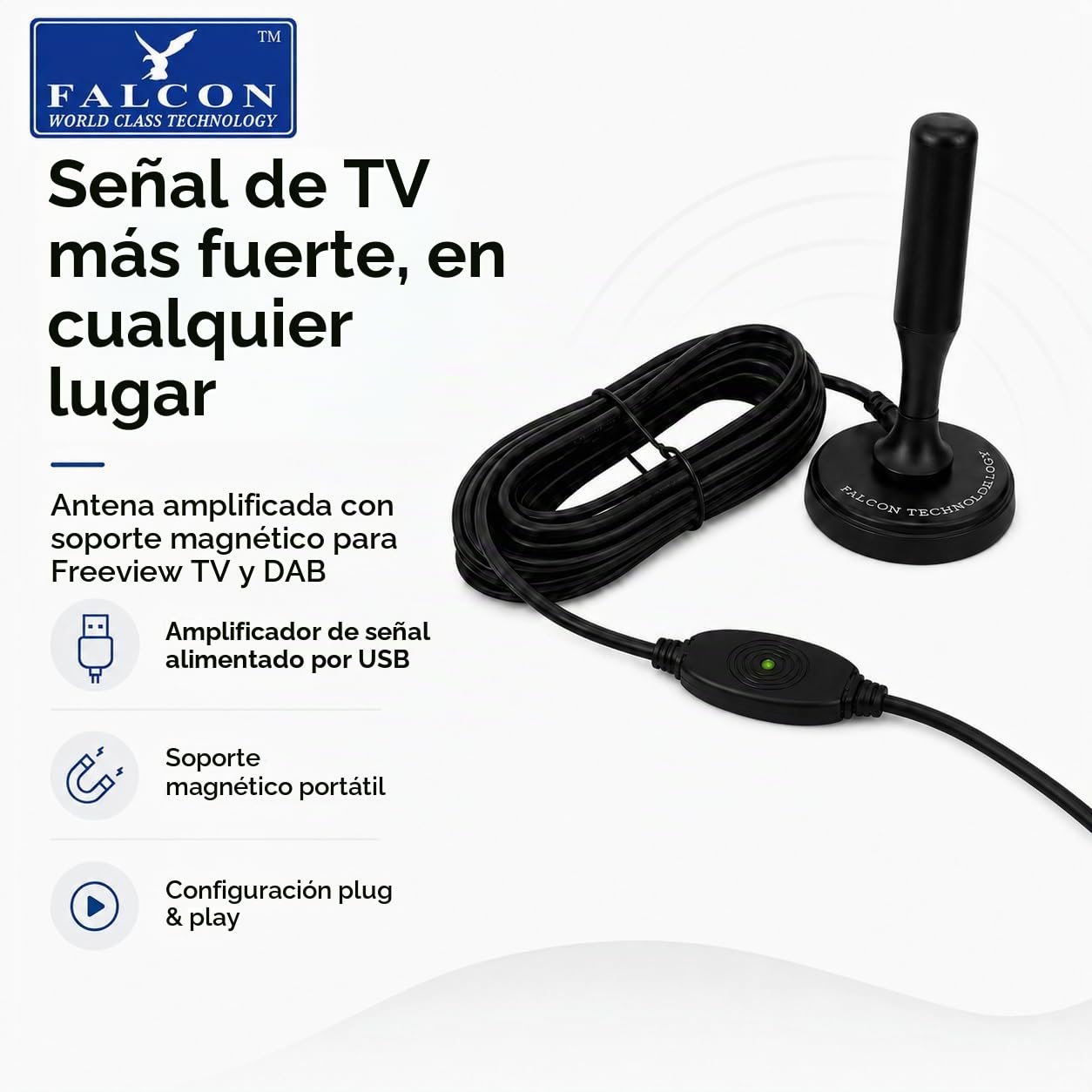 Falcon - Antena DTV portátil amplificada con soporte magnético para caravanas y autocaravanas (amplificada)