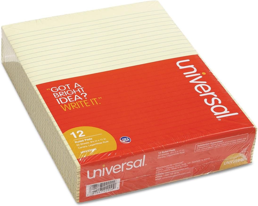 Universal 22000 Glue Top Writing Pads, Legal Rule, Letter, Canary, 50 Sheet Pads/Pack (Pack of 12)