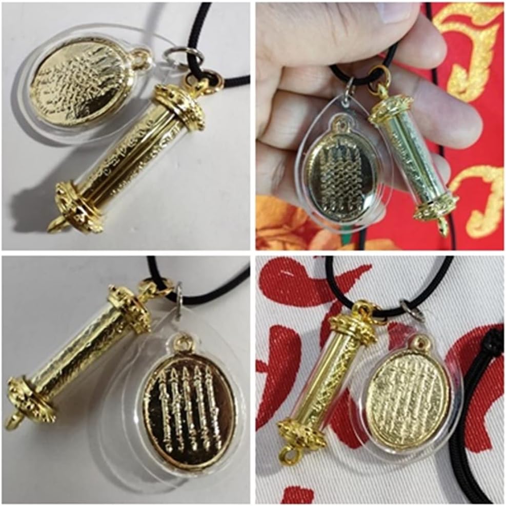 Thai Amulet Pendant Takrud & Yantra 5 Rows Phra Gold Necklace for Men Women | Wealth, Luck, Protection | Three Kings Diamond Armor Buddha Charm